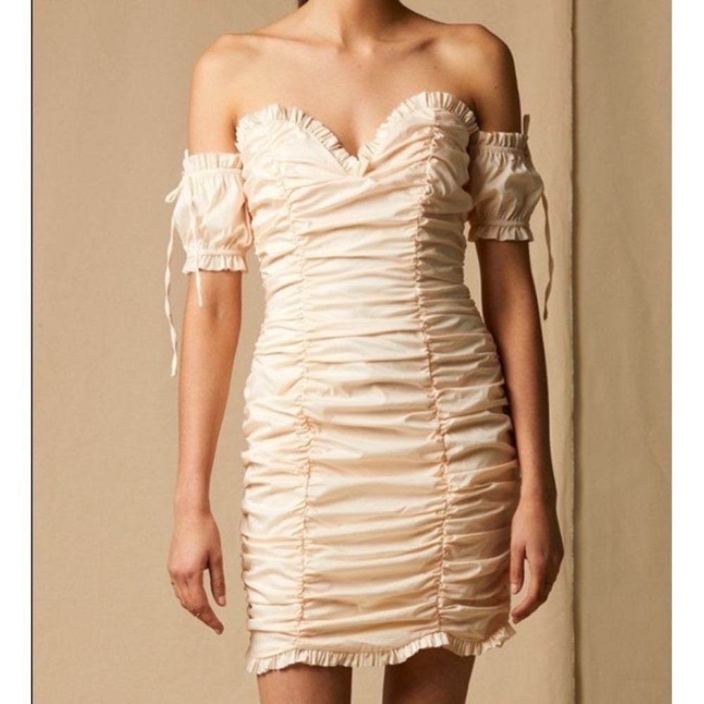 Choosy Ruched Off The Shoulder Bodycon Mini Dress Ruffle Sweetheart Peach 6 S